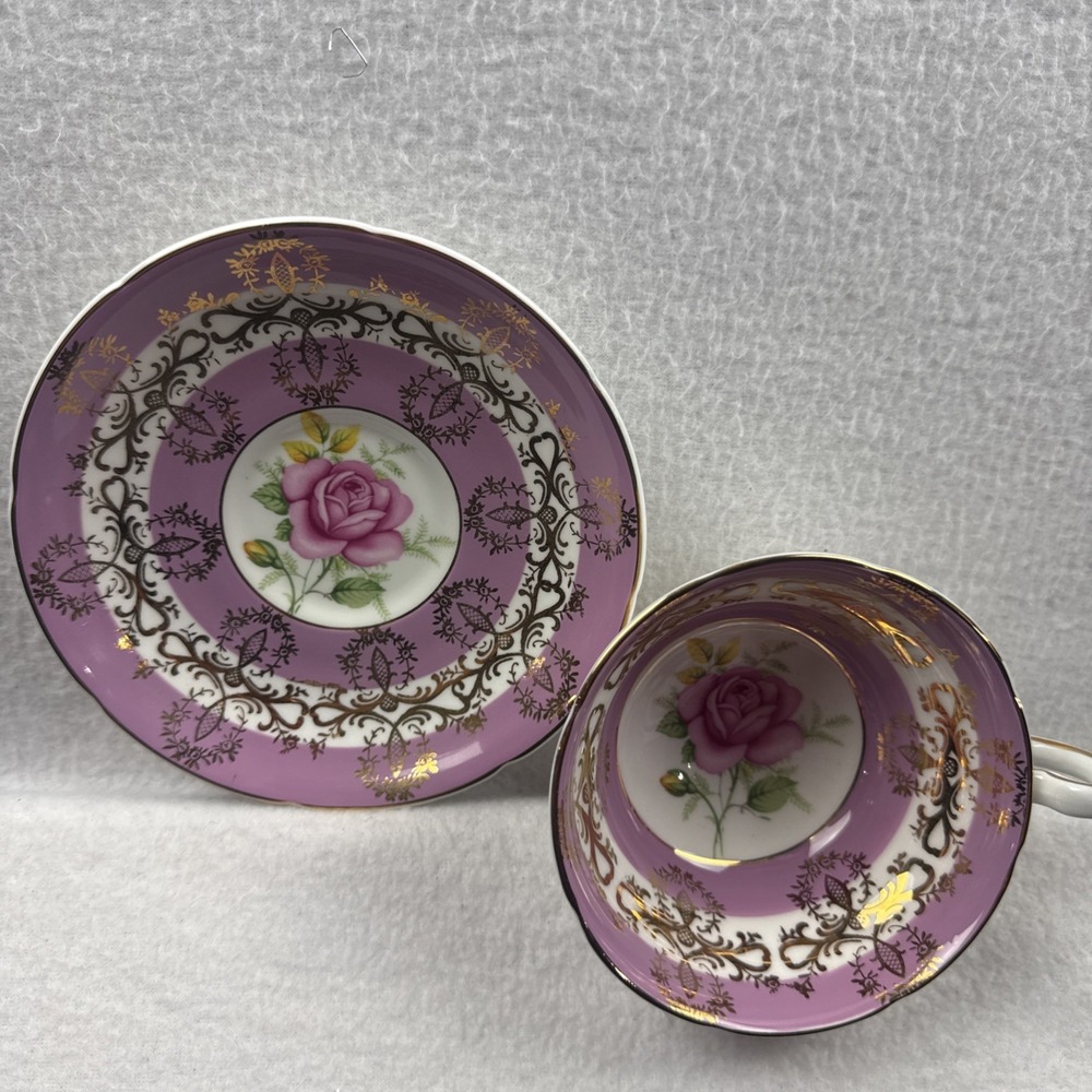 Royal Grafton Tea Cup & Saucer, Bone China, Pink w Cabbage Rose & Gold Lace